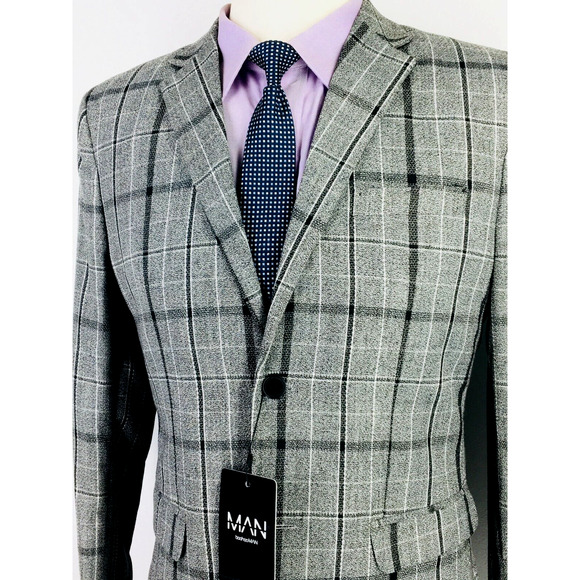 38R NWT Boohoo Man Mens 2 Button Blazer Sport Coat Jacket Pencil Gray Glen Check - Picture 6 of 12